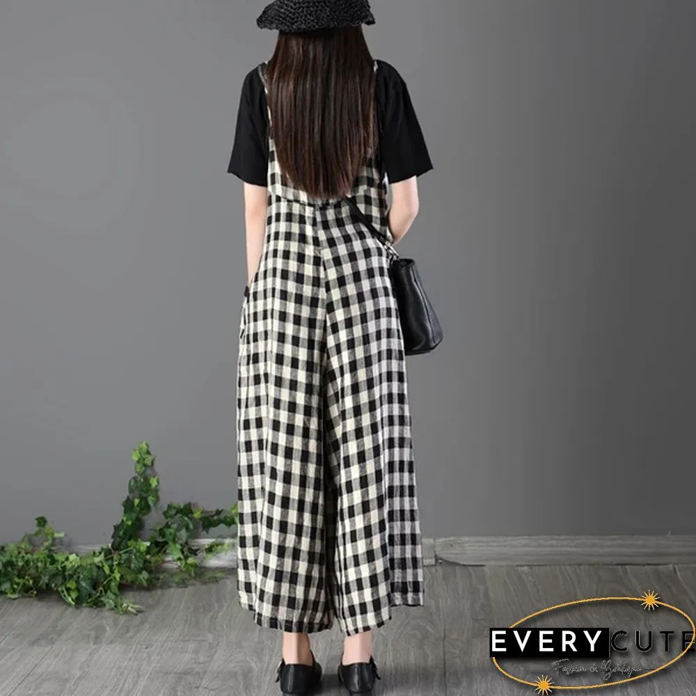 Women Loose Bib Pants Ladies Checked Suspenders Baggy Overalls Sleeveless Jumpsuit