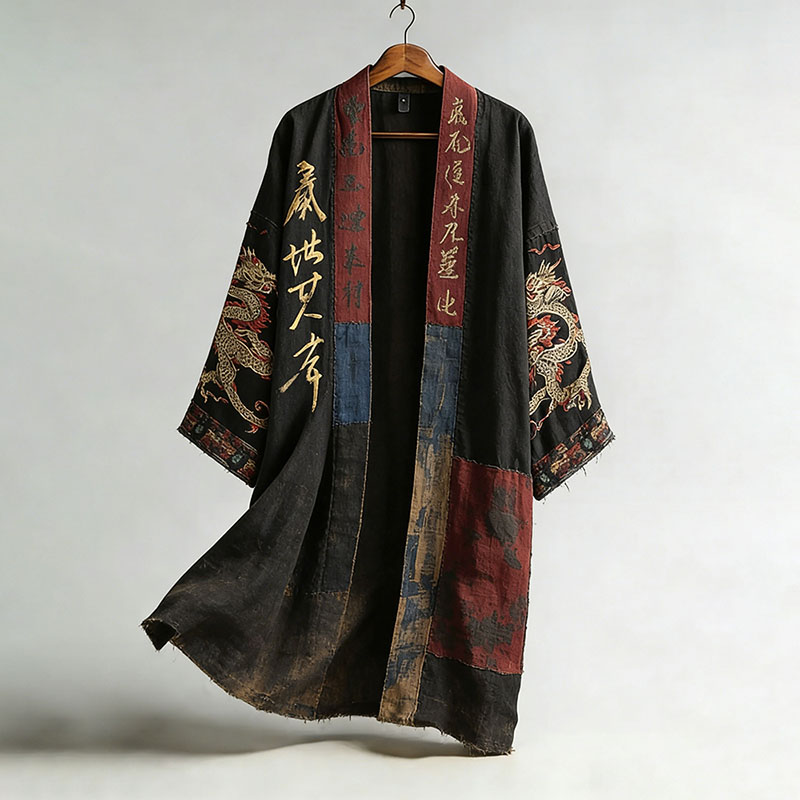 Men's Retro Dragon Pattern And Calligraphy Print Color-blocked Long Kimono elevenforest