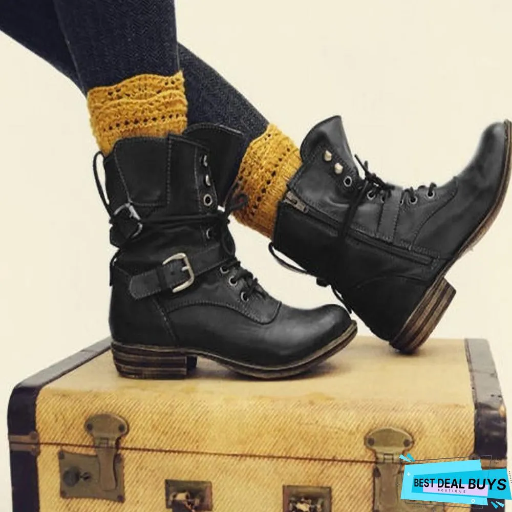 Round Toe Lace-Up Ankle Boots