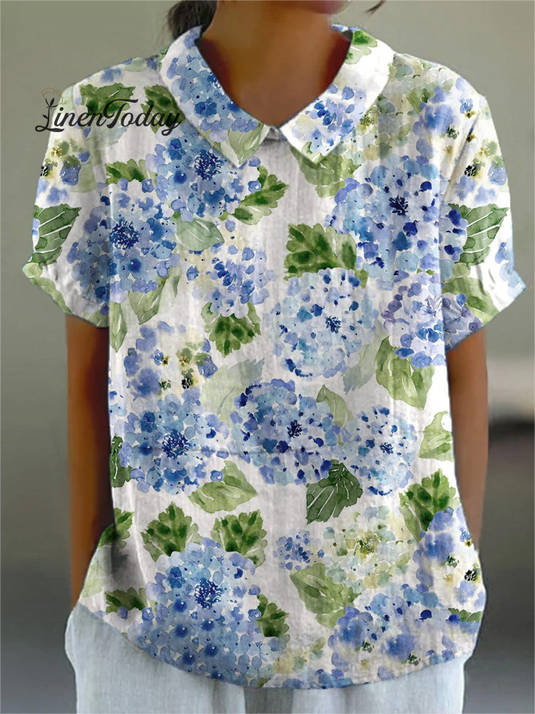 Women&rsquo;s Flower Art Print Casual Cotton And Linen Shirt Multicolor / S