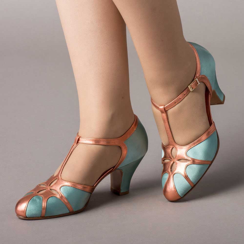 Blue & Copper Satin Round Toe T-Strap Spool Heel Vintage Shoes Nicepairs