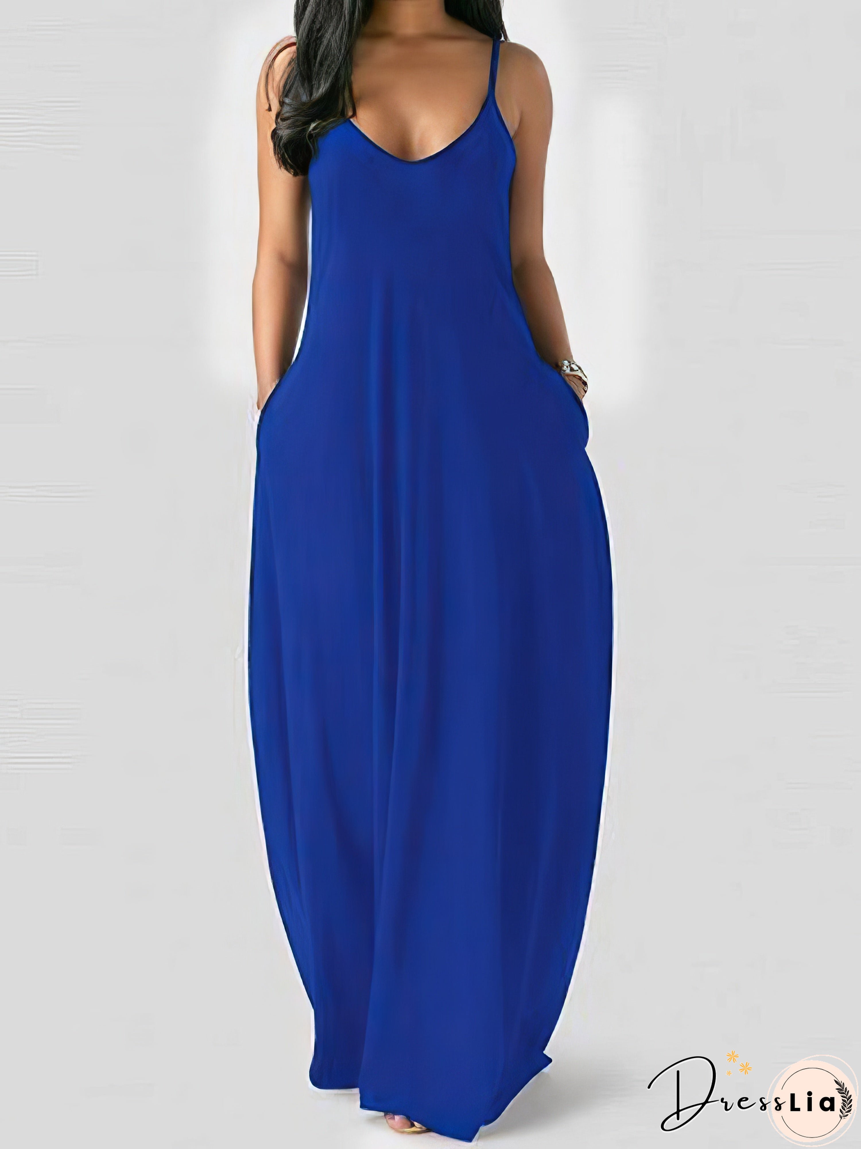 V-neck Solid Pocket Casual Sling Dress