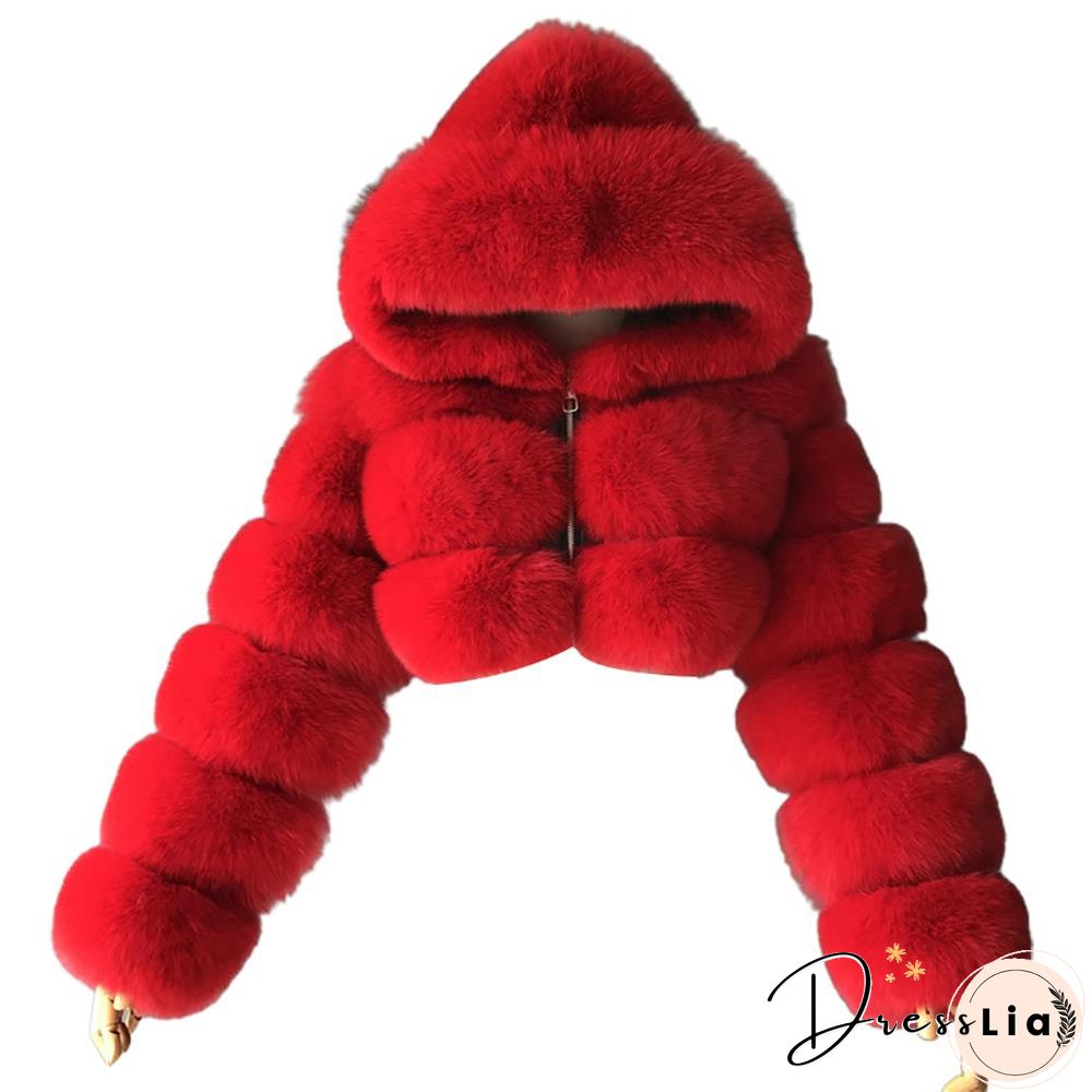 Plus size Women Jacket Fashion Autumn Winter Faux Fur Cropped Coat Fluffy Zip Hooded Warm Short Jacket