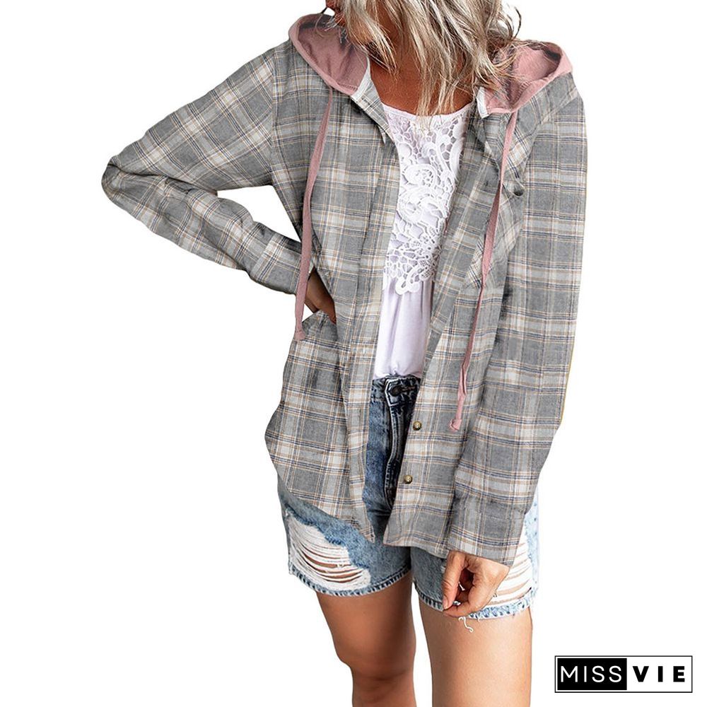 Oversizd Fit Button Up Hoodies Casual Multi Colored Hooded Flannel Shirt
