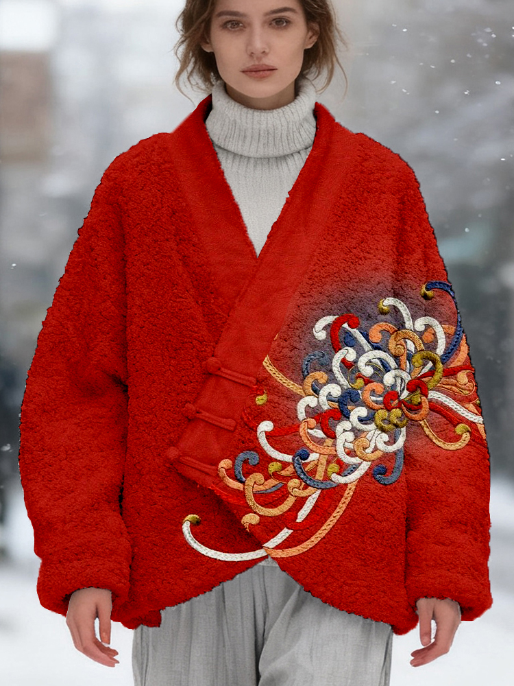 Embroidered Japanese Flower Art Fleece Kimono Cardigan