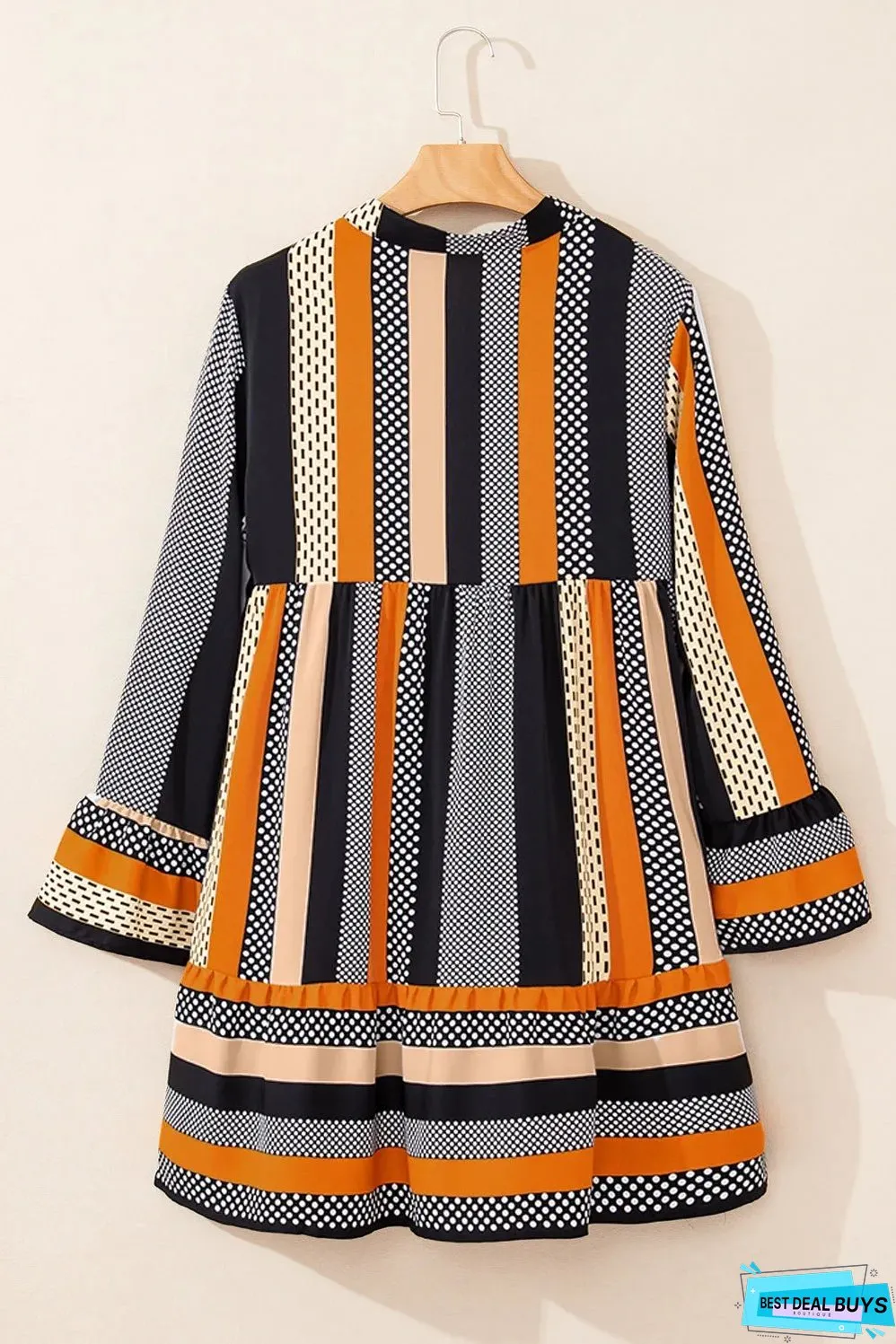 Black Striped Polka Dot Print Ruffled Hem V Neck Mini Dress