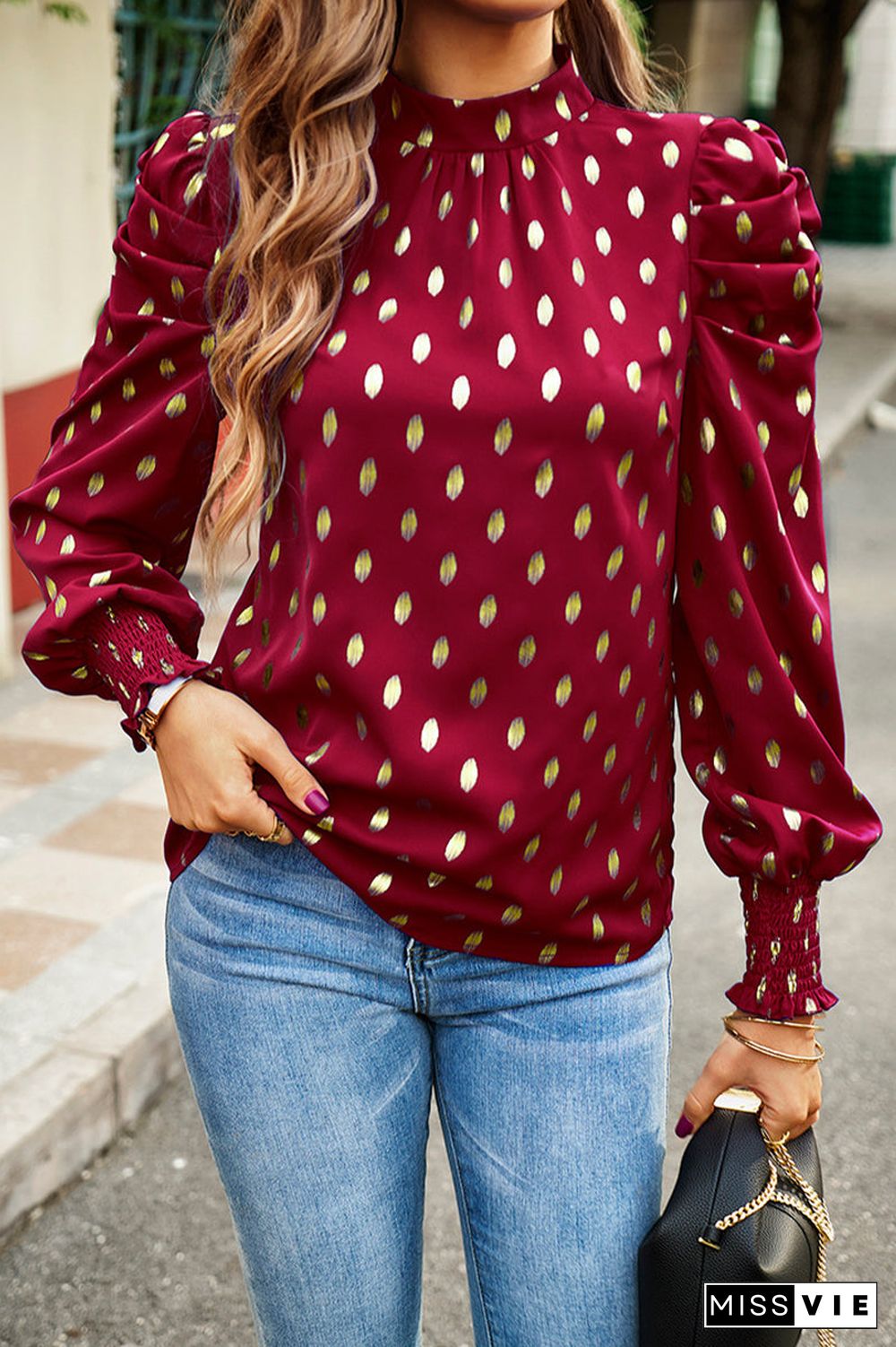 Elegant Polka Dot Fold Half A Turtleneck Tops