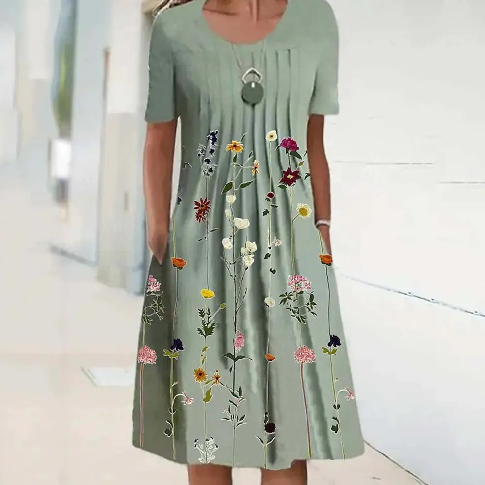 Brownm Floral Print Round Neck Pocket Mid-length Dresses