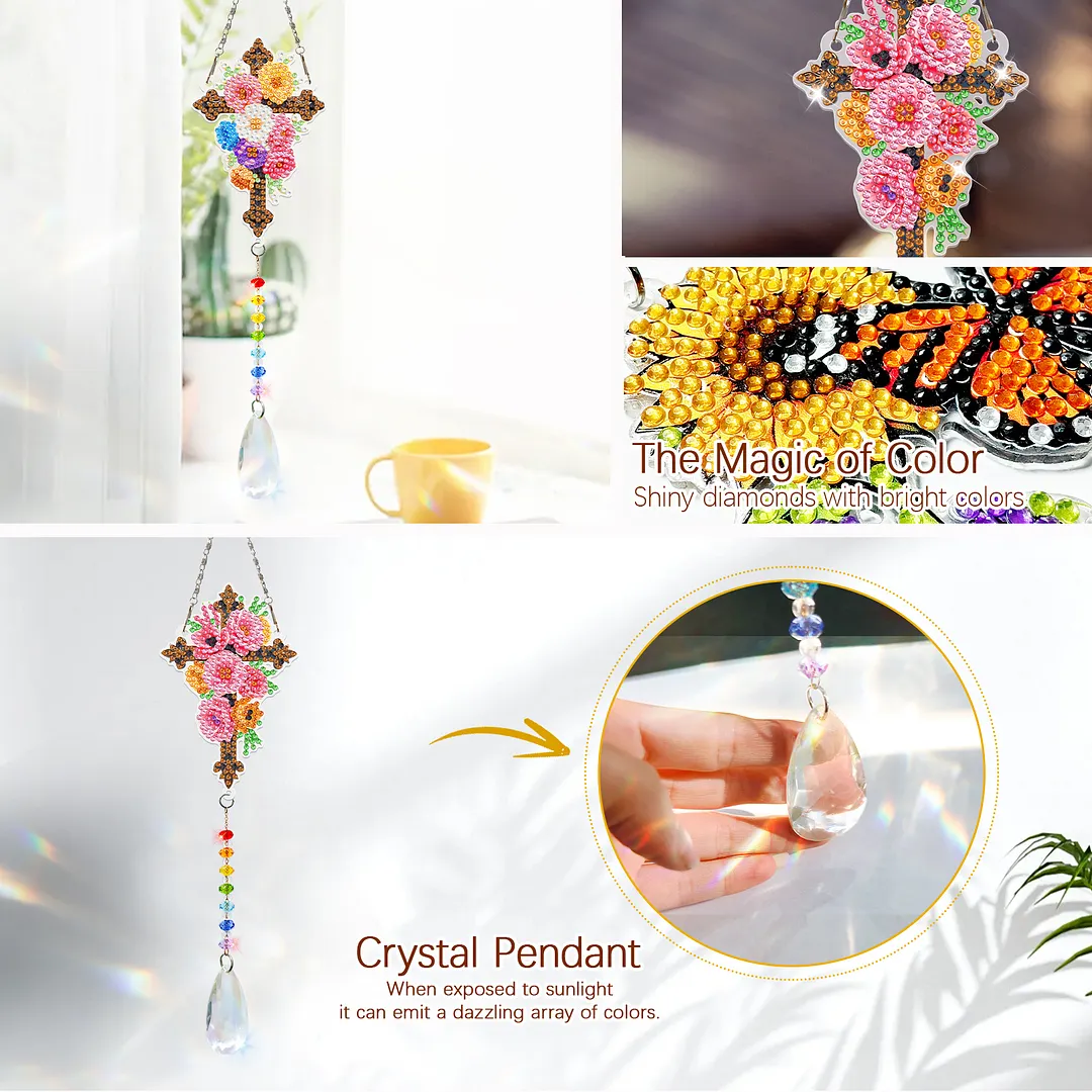 2Pcs Cross DIY Acrylic Diamond Painting Art Wind Chimes with Crystal Pendant Diamond Art Hanging Pendant Double-Sided for Adults Beginners Gift Home Garden Decor