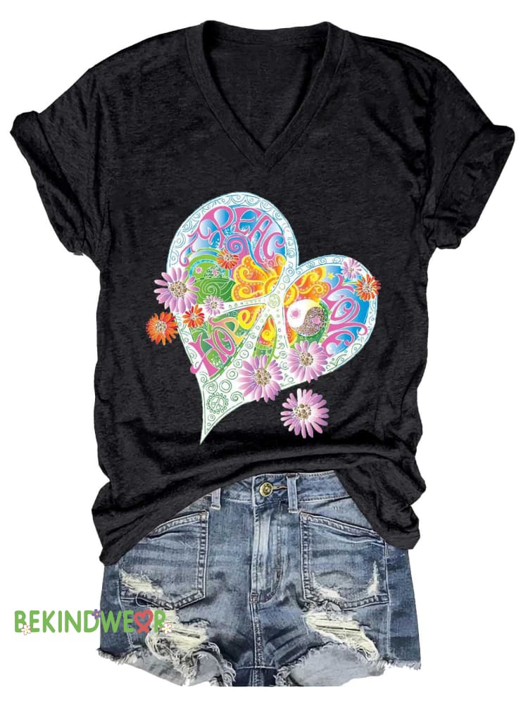 Women&rsquo;s Peace Sign Floral Peace and Love V-neck Casual T-Shirt Black / S