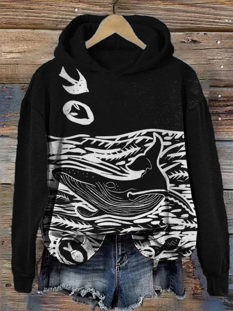 Whale & Ocean Japanese Lino Art Cozy Hoodie