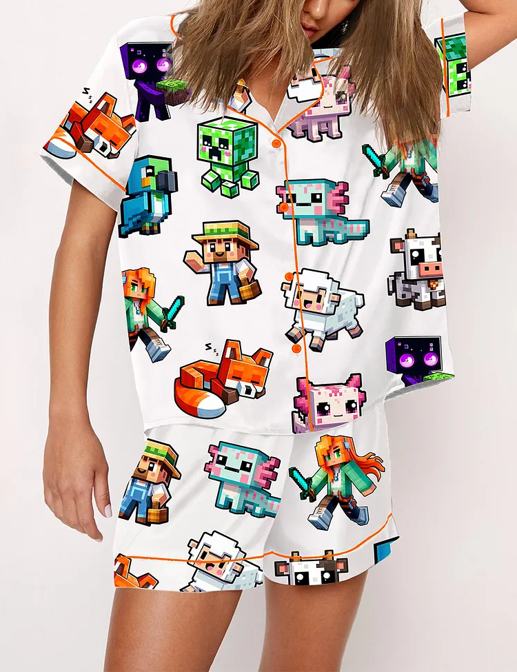 Women's Minecraft Cute Pixel Art Video Game Fan Art Print Pajama Set