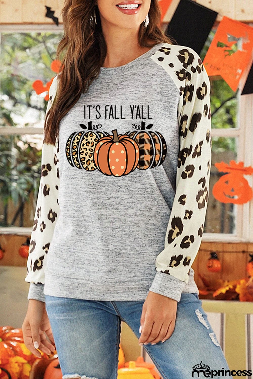 Animal Print Sleeve Halloween Pumpkin Raglan Top
