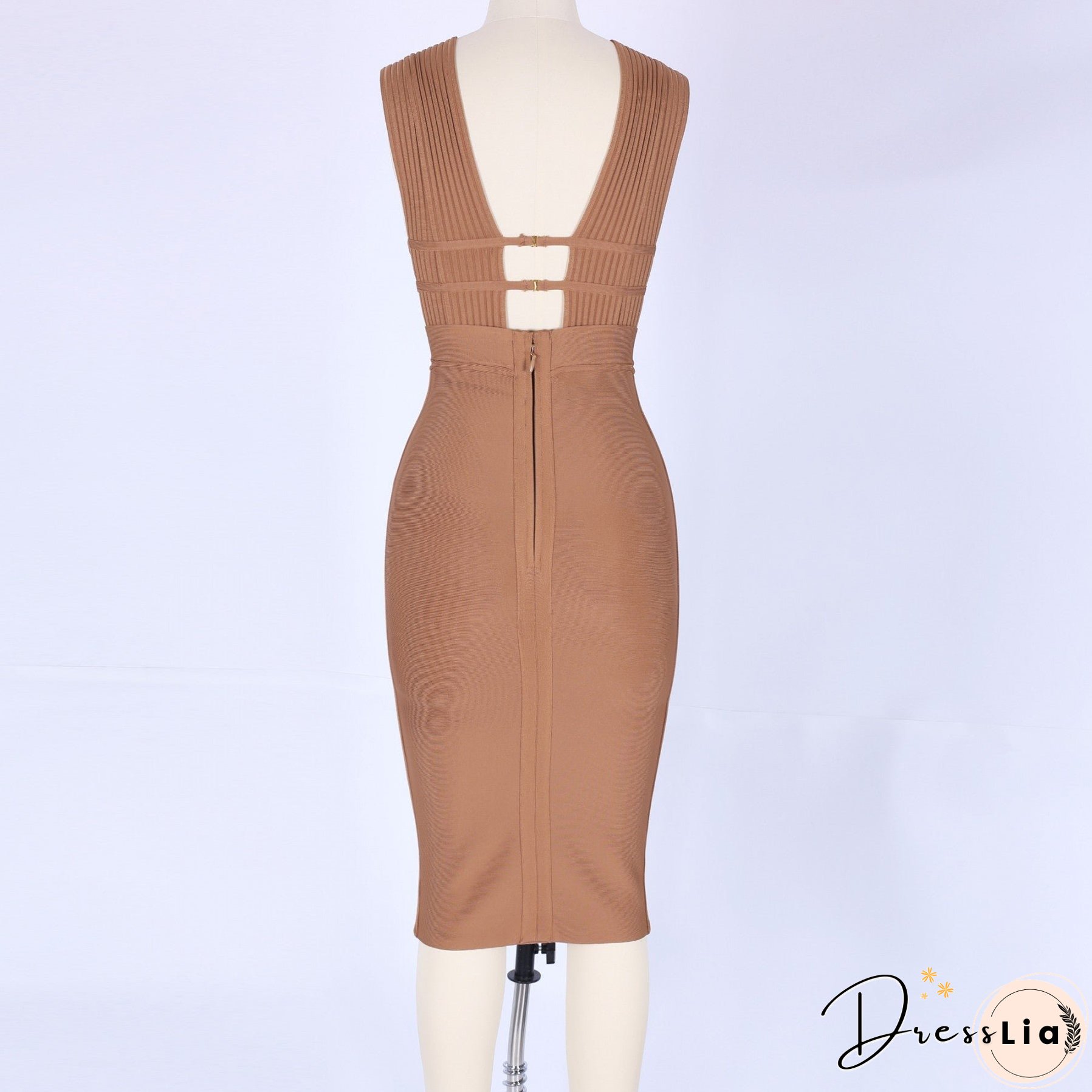 V Neck Sleeveless Hollow Out Midi Bandage Dress PF0803
