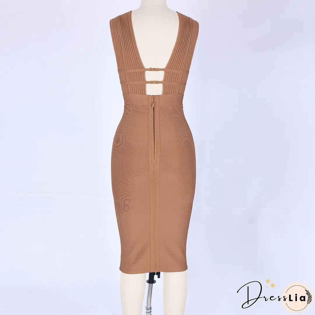 V Neck Sleeveless Hollow Out Midi Bandage Dress PF0803