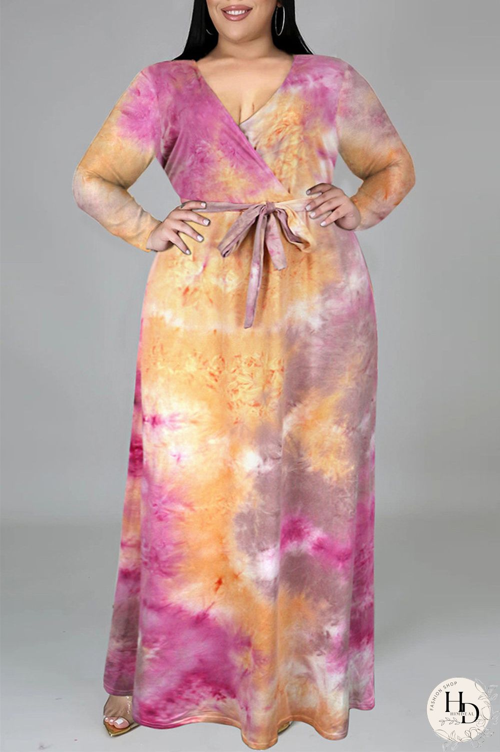 Colour Fashion Casual Print Tie-dye V Neck Long Sleeve Plus Size Dress