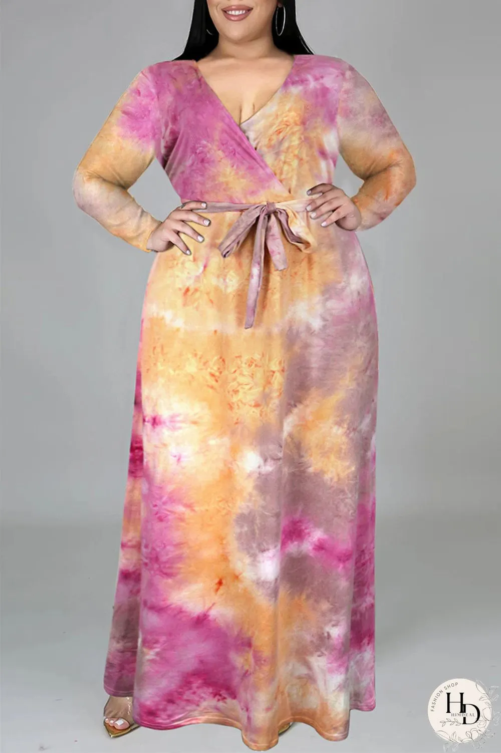 Colour Fashion Casual Print Tie-dye V Neck Long Sleeve Plus Size Dress