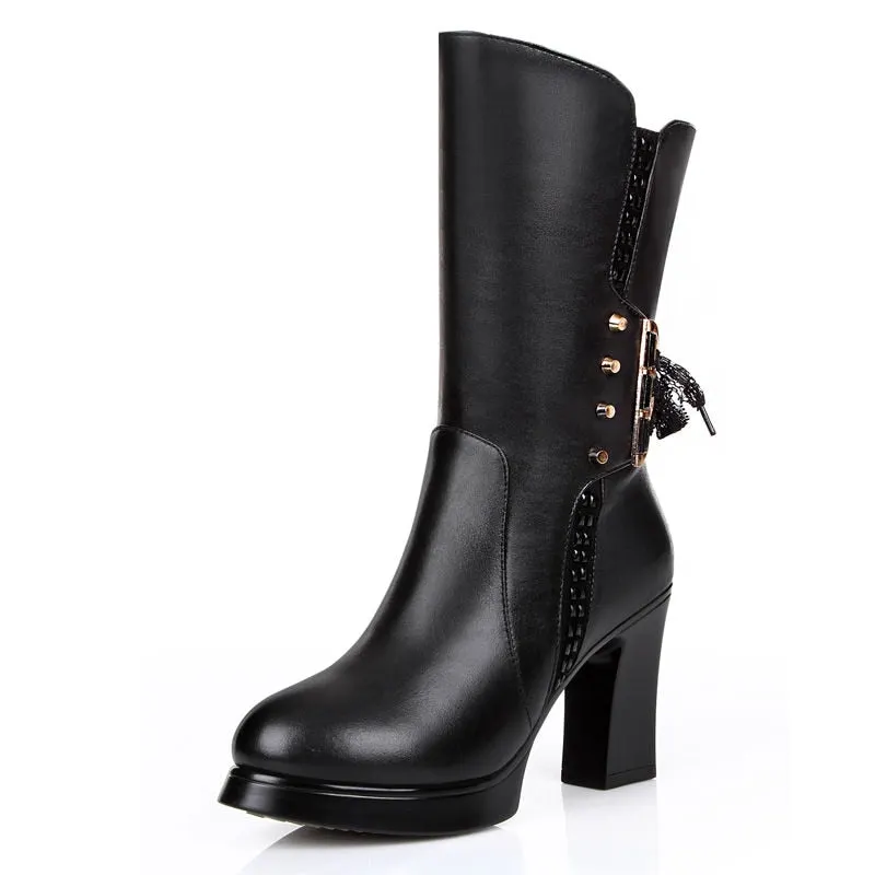 Designer Zipper High Heels Shoes Women 2021 Winter Fashion Party Pumps Sexy Boots New Mid Calf Chunky PU Leather Chelsea Botas