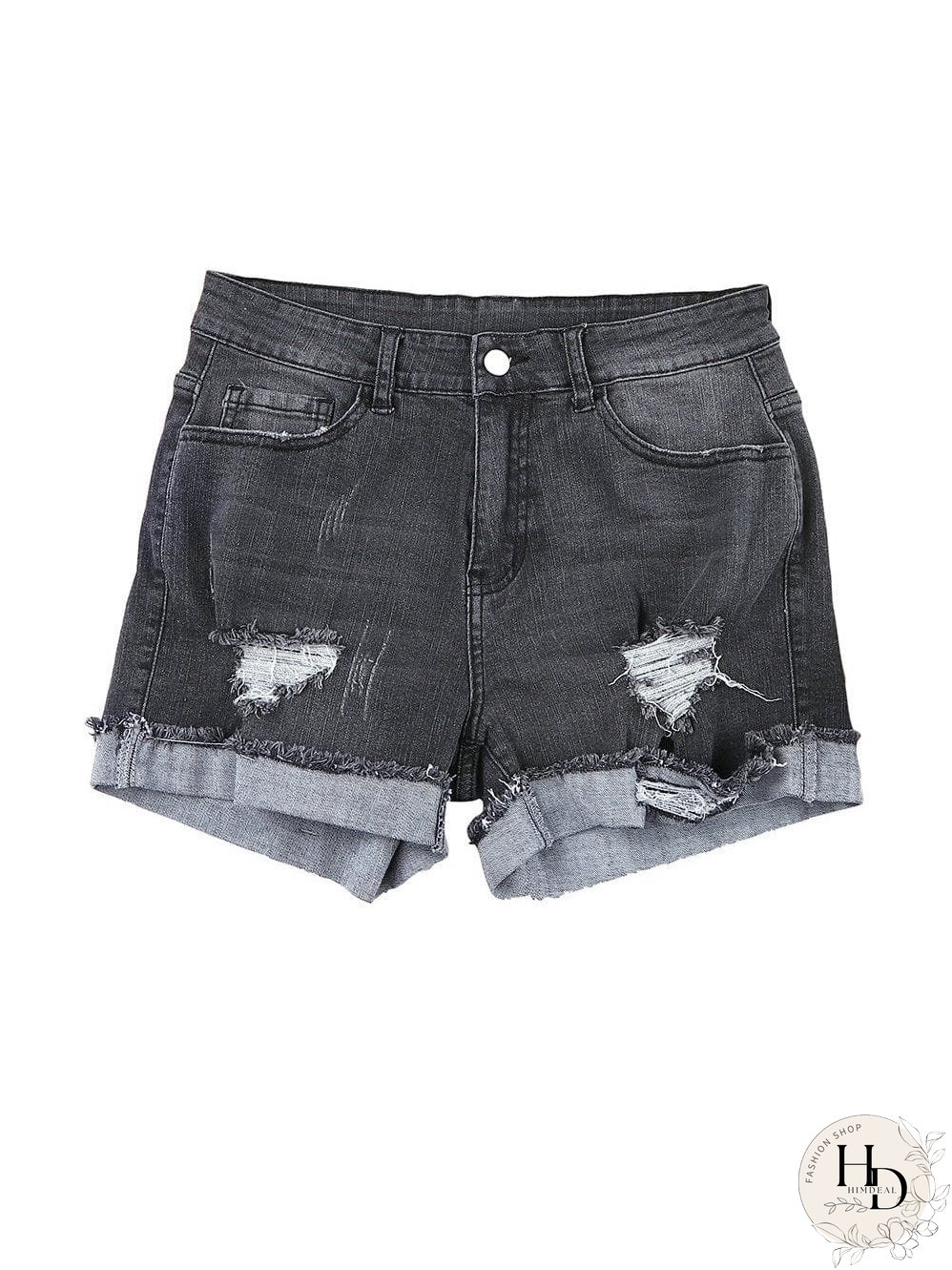 Vintage Chic Distressed Black Denim Shorts with Roll Hem