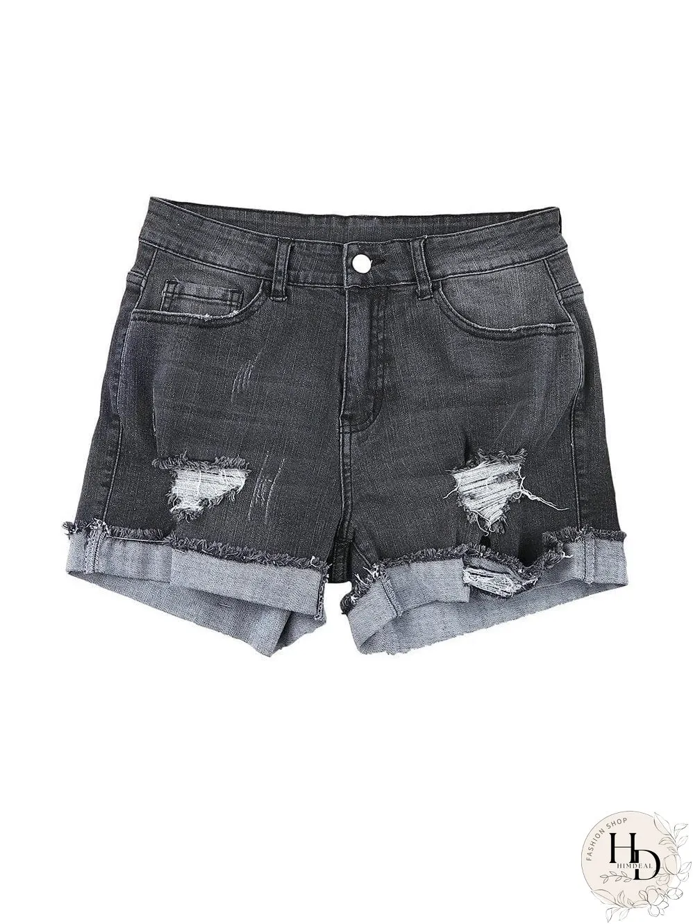 Vintage Chic Distressed Black Denim Shorts with Roll Hem