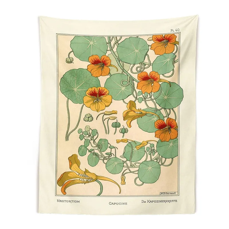 Vintage Botanical Tapestry Wildflower Wall Hanging Nasturtium Thistle Retro flowers Bohemian Tapestries Psychedelic Home Decor