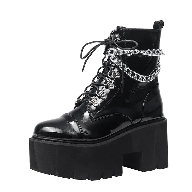Gdgydh Patent Leather Gothic Black Boots Women Heel Sexy Chain Chunky Heel Platform Boots Female Punk Style Ankle Boots Zipper