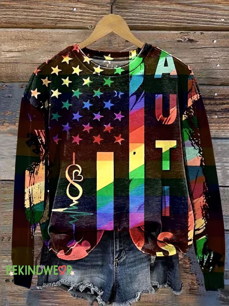 Autism Flag Print Casual Sweatshirt Multicolor / S
