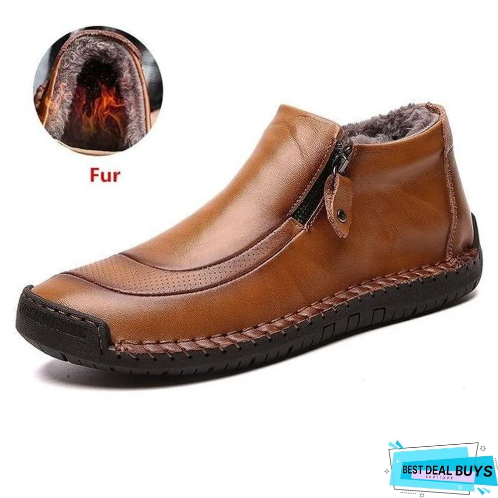Men Boots Split Leather Ankle Snow Boots Warm Fur Men's Shoes Plush Winter Autumn Driving Shoes