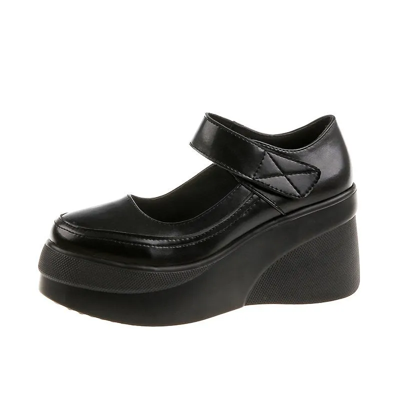 Round Toe Wedges Mary Jane Shoes Woman Spring 2022 High Heels Women's Platform Shoes Thick Sole PU Leather Pumps Black