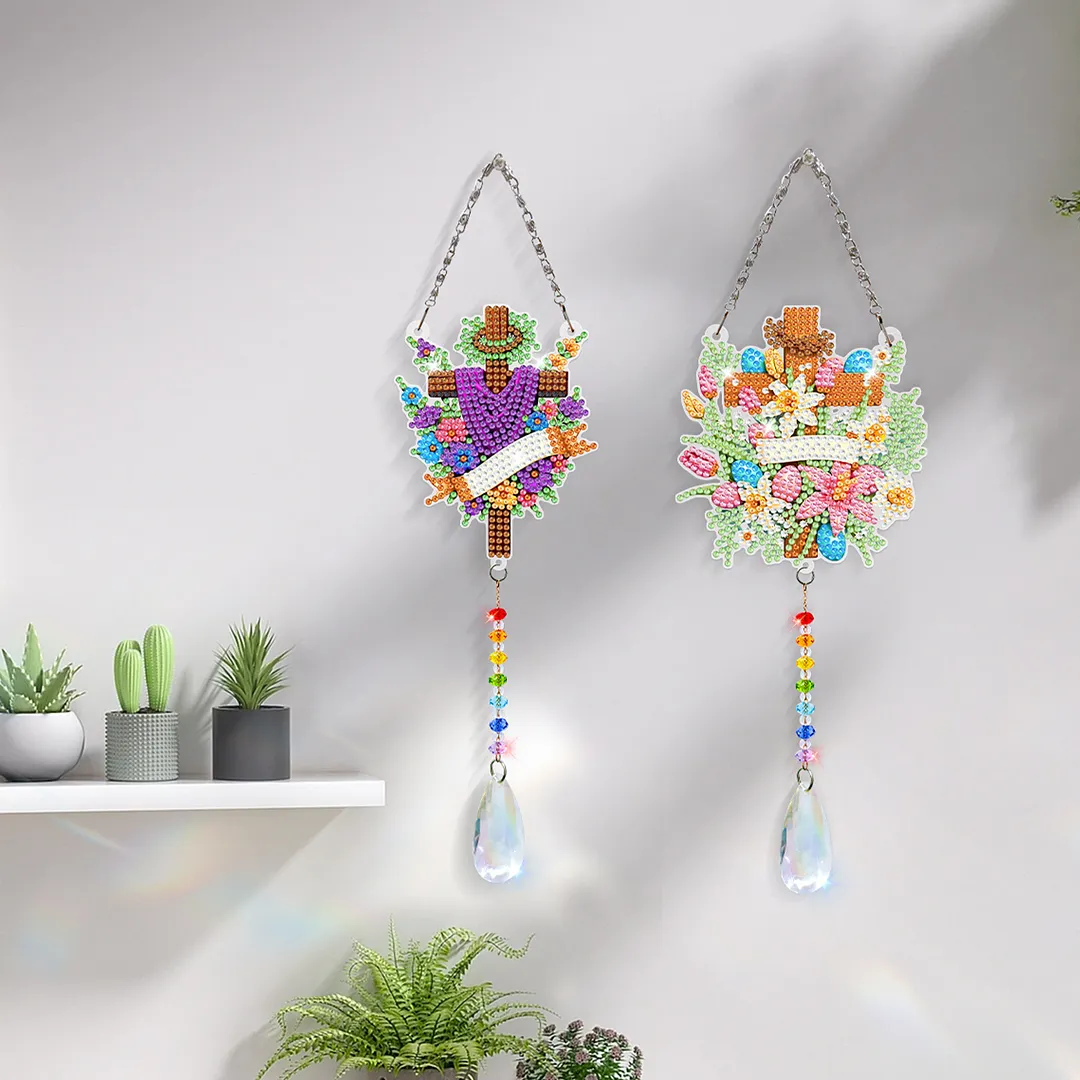 2Pcs Cross Faith DIY Acrylic Diamond Painting Art Wind Chimes with Crystal Pendant Diamond Art Hanging Pendant Double-Sided for Adults Beginners Gift Home Garden Decor