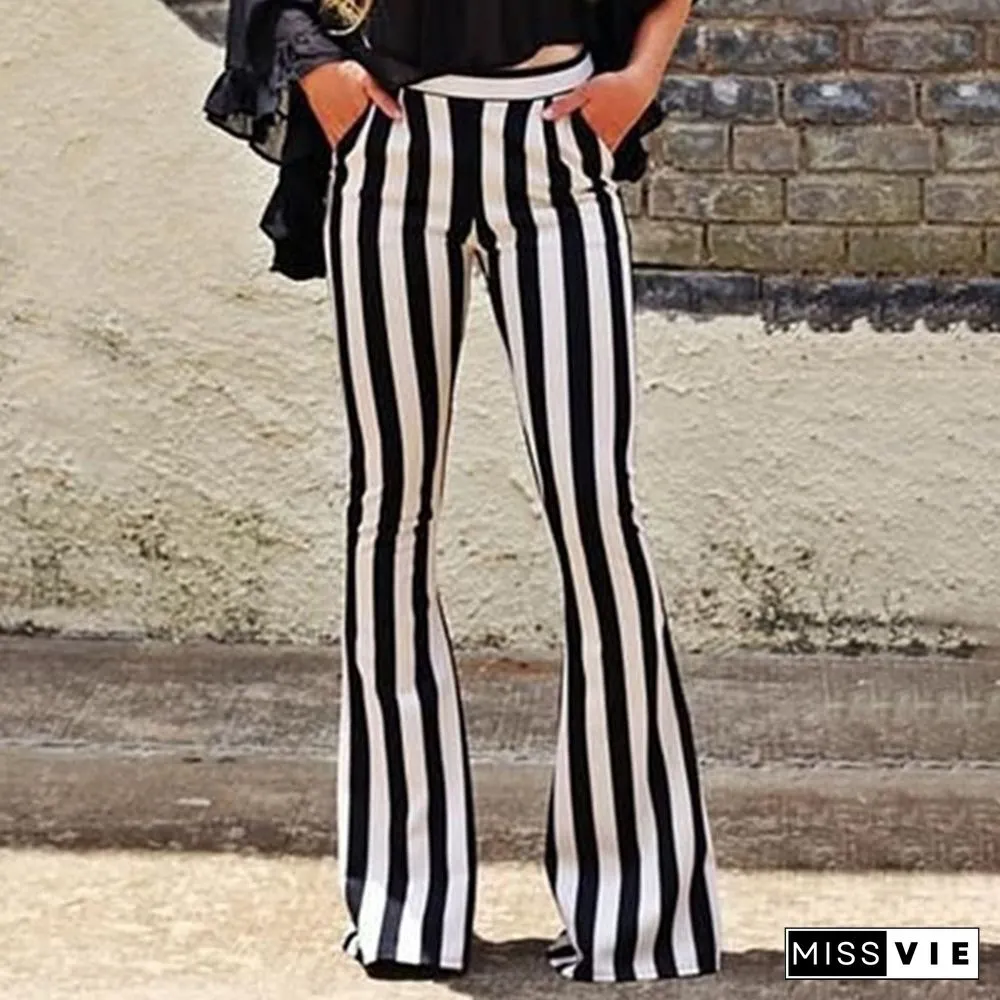 Striped Wide Leg Pant For Women Elastic High Waist Long Trouser Autumn Female Fashion Flare Pants OL Clothes