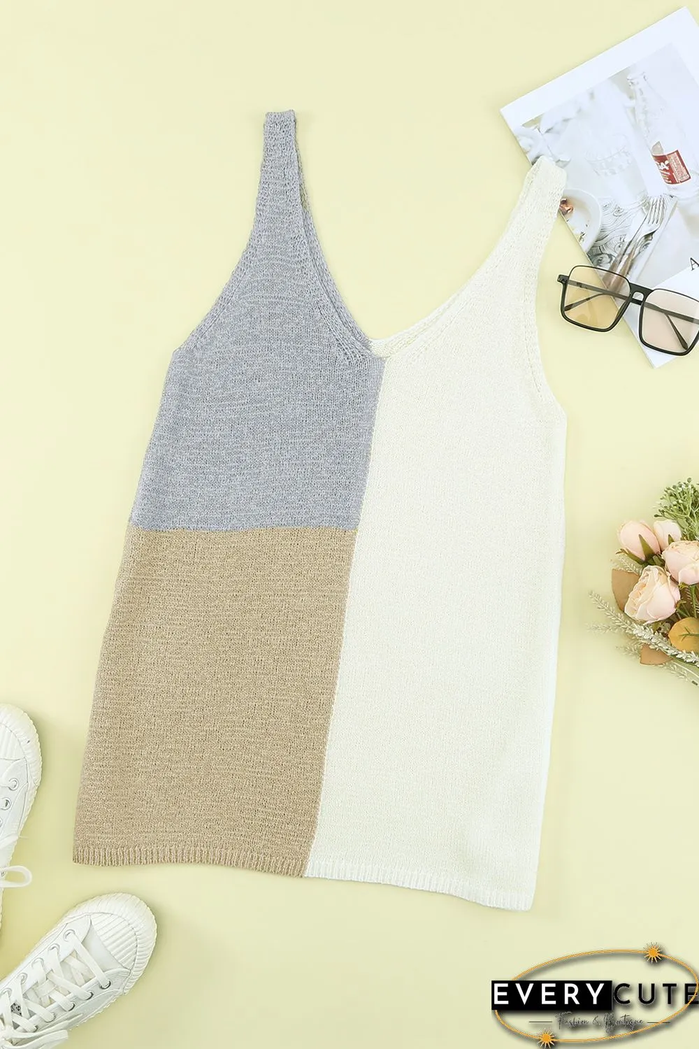 White Color Block Knitted Tank Top