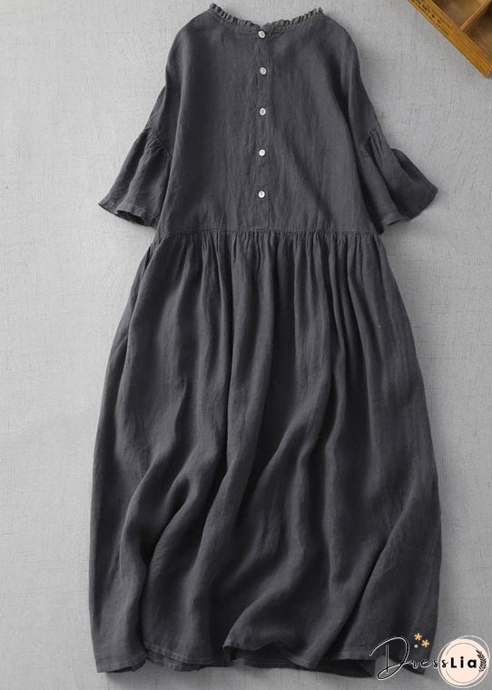 Vintage Black Wrinkled Embroideried Patchwork Linen Dress Summer
