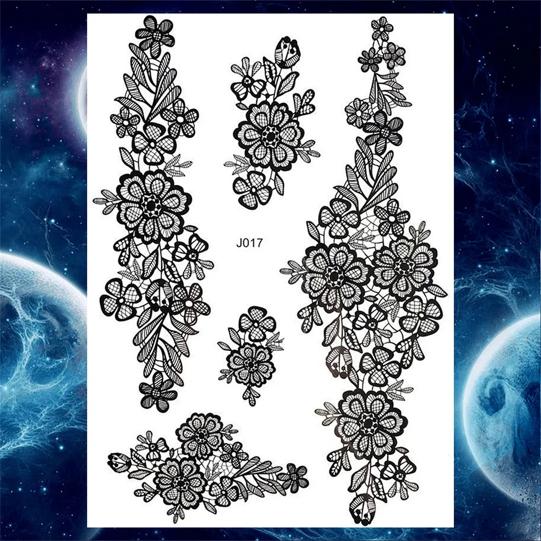 Sexy Black Henna Temporary Tattoos For Women Girls Lotus Flower Lace Tattoo Sticker Fake Jewelry Mandala Body Chest Tatoos Paper