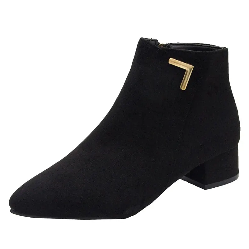2020 Fashion Women Boots Casual Leather Low High Heels Spring Shoes Woman Pointed Toe Rubber Ankle Boots Black Red Zapatos Mujer