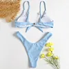 ZAFUL 2019 New Arrival Ribbed Knotted Swim Bra with Thong Bottoms Swimsuit Bathing Suit Sexy Bikini Set Beachwear Biquini