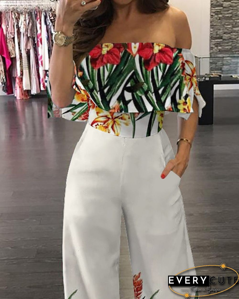 Floral Print Off Shoulder Ruffle Hem Loose Jumpsuit