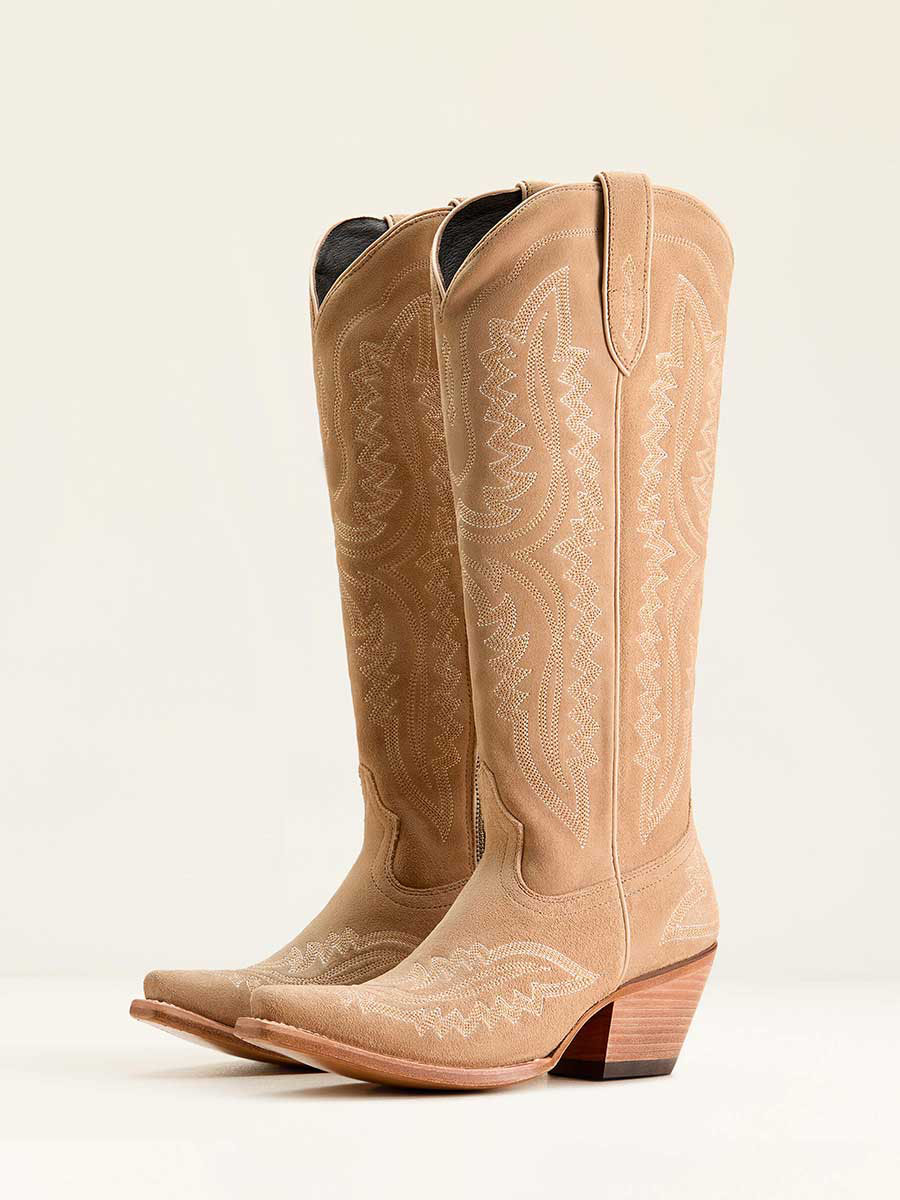 Beige Faux Suede Finish Embroidered Knee-High Cowgirl Boots with Zipper Closure