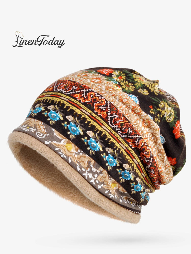 Retro Tribal Printed Cotton Fleece Dual Use Scarf Beanie Hat One-Size / Camel