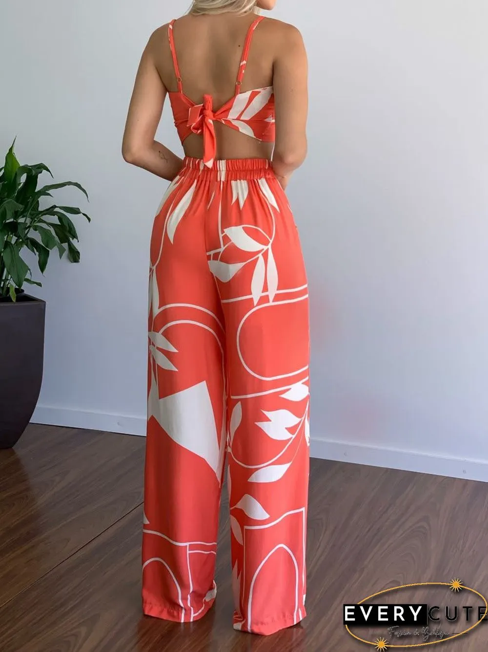 Women'S Sets V-Neck Cropped Tank Top & Printed Wide-Leg Pants Two-Piece Set