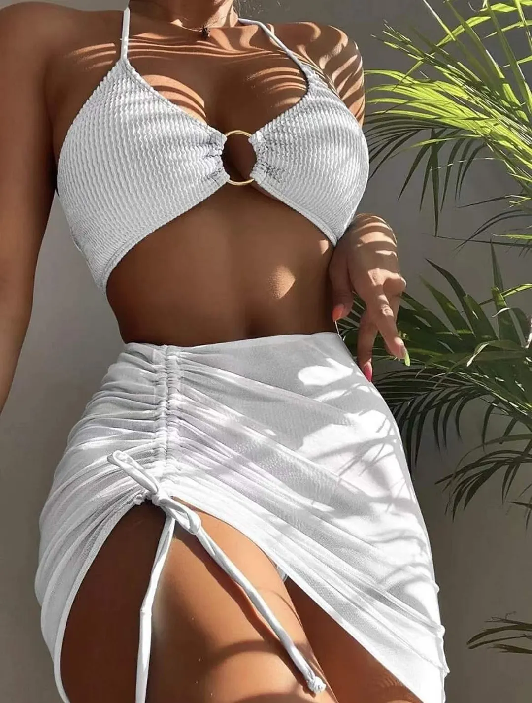 Brownm Bikini Split Swimsuit Women Solid Color Sexy Swimsuit Three-Piece Hanging Neck Three-Point Bikini