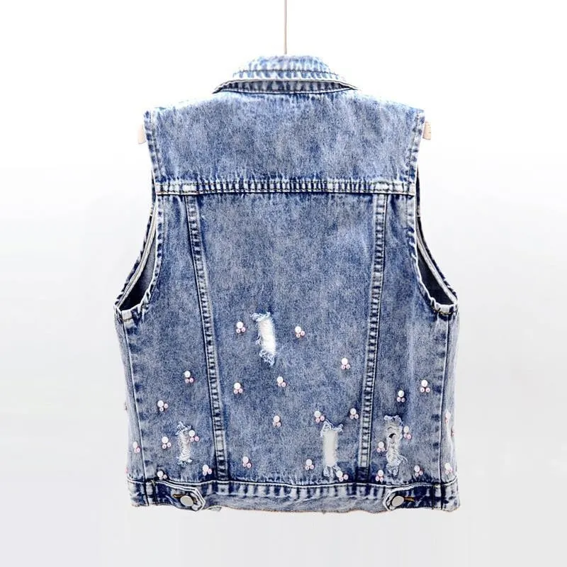 New Fashion Denim Vest Women Spring Autumn Patch Flowers Sequins Beads Sleeveless Waistcoat Student Top Jean Short Jackets KW450
