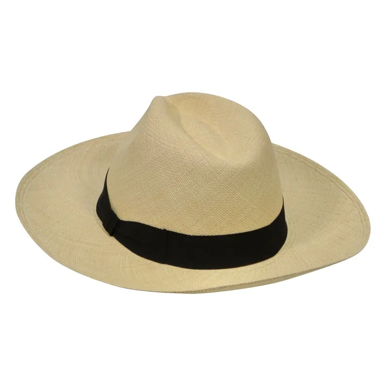 Genuine Panama Hat - Black Band - Wide Brim Classic Summer Fedora -  Natural Toquilla Straw - Handwoven in Ecuador - GPH - HatBox Included-FREE SHIPPING