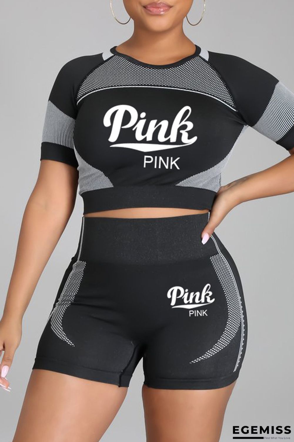 Black Casual Sportswear Letter Print Basic O Neck Short Sleeve Two Pieces | EGEMISS