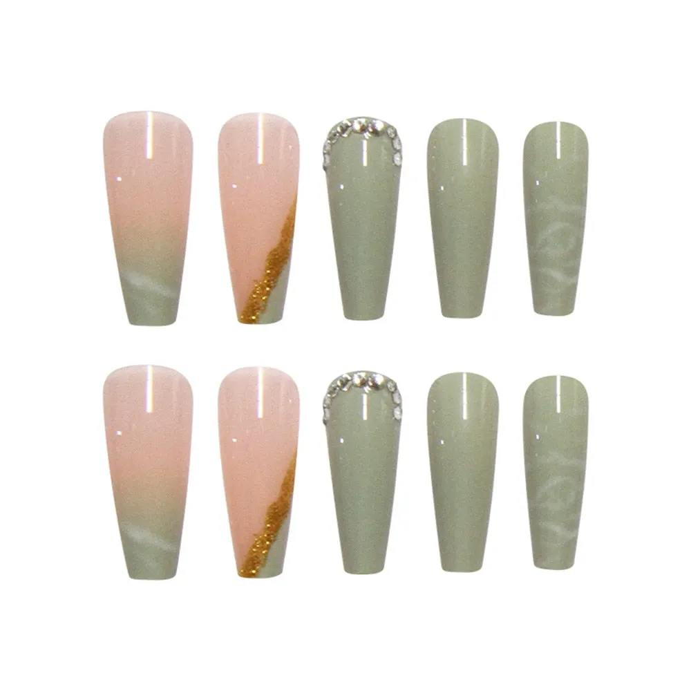 24pcs/Box Matcha Green Color With Rhinestone Long Coffin False Nails Full Cover Ballerina Press On Nails Wearable Fake Nails