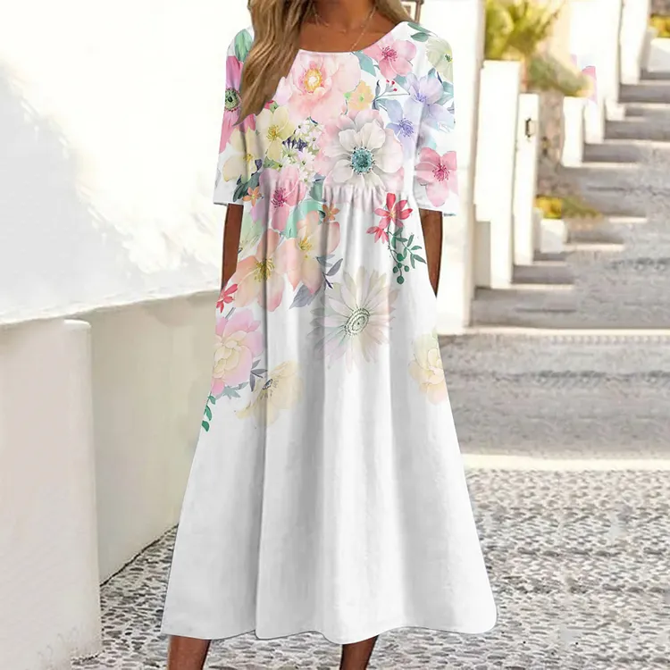 Floral Art Print Crew Neck Short Sleeves Midi Dress
