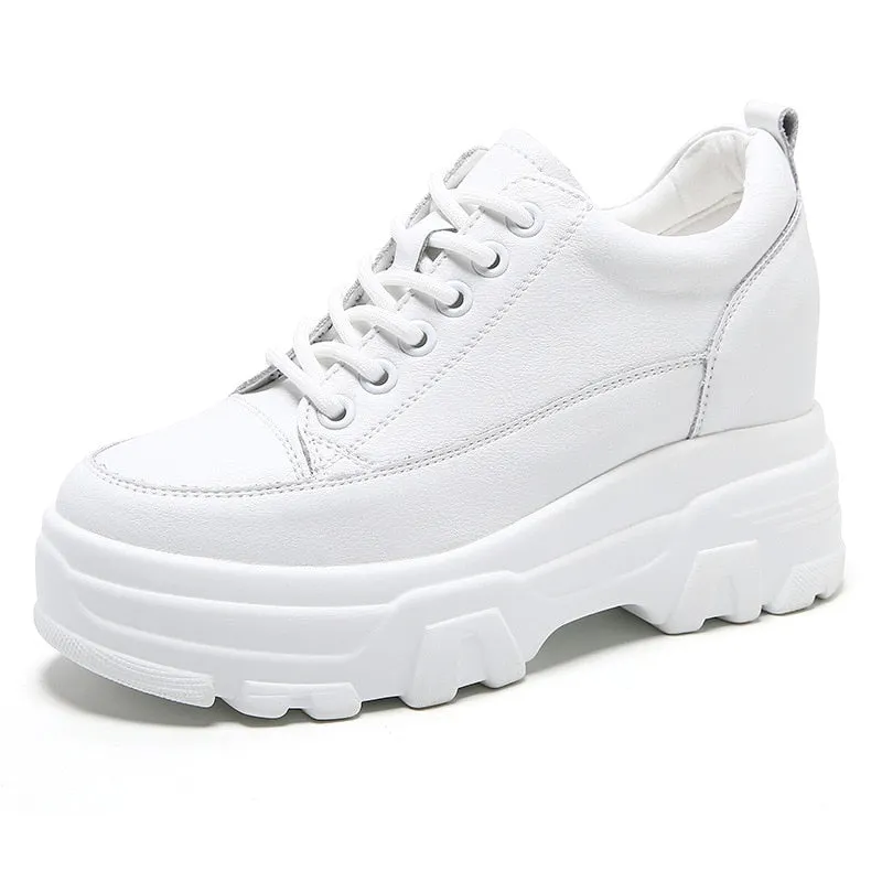 Fujin 8cm Leather Microfiber Women Casual Shoes Platform Wedge Hidden Heel Summer Shoes Platform Chunky Sneakeers Fashion White