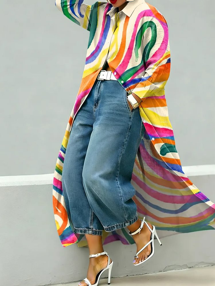 Women's Abstract Art Prints Long-sleeve Lapel Long Shirt Dress