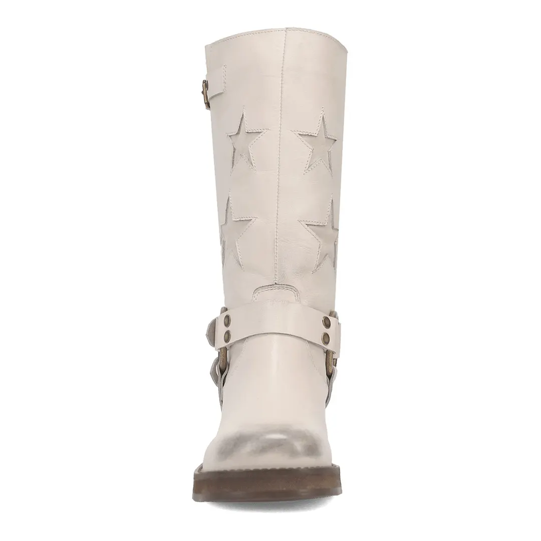 White Vegan Leather Round Toe Star Inlay Studded Block Heel Boots