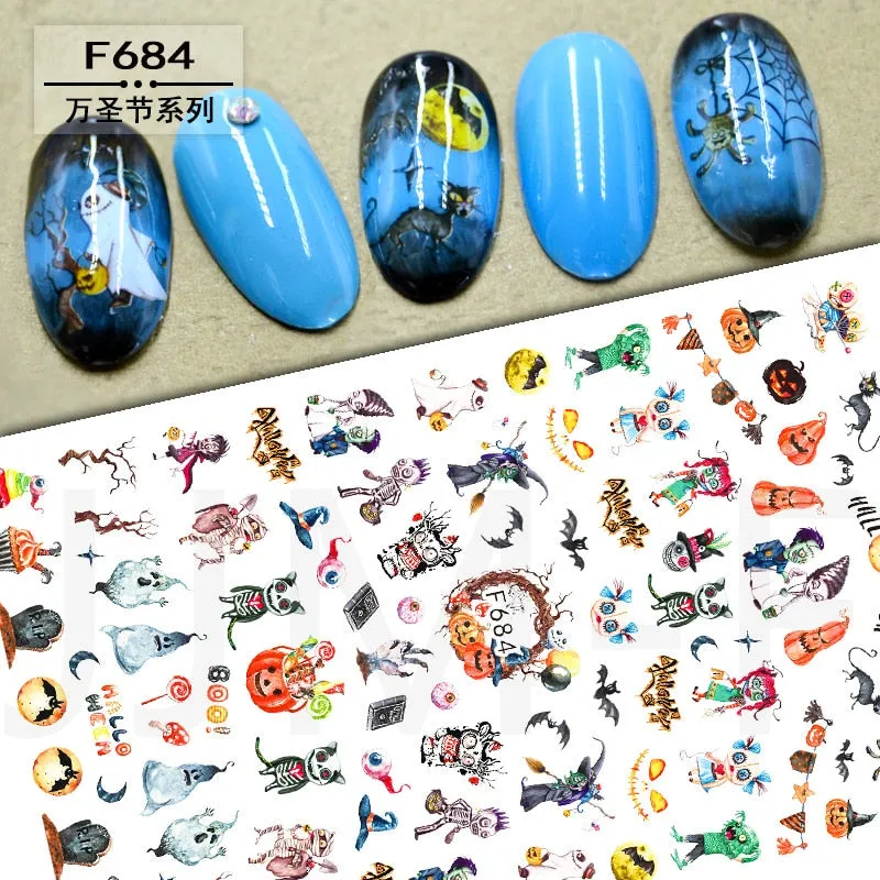 Halloween Nail Art Sticker Ghost Witch Spider Web Pumpkin Nail Decals Sexy Skull Bone Water Transfer Decals Nails Foil Manicure-Nail Inspo